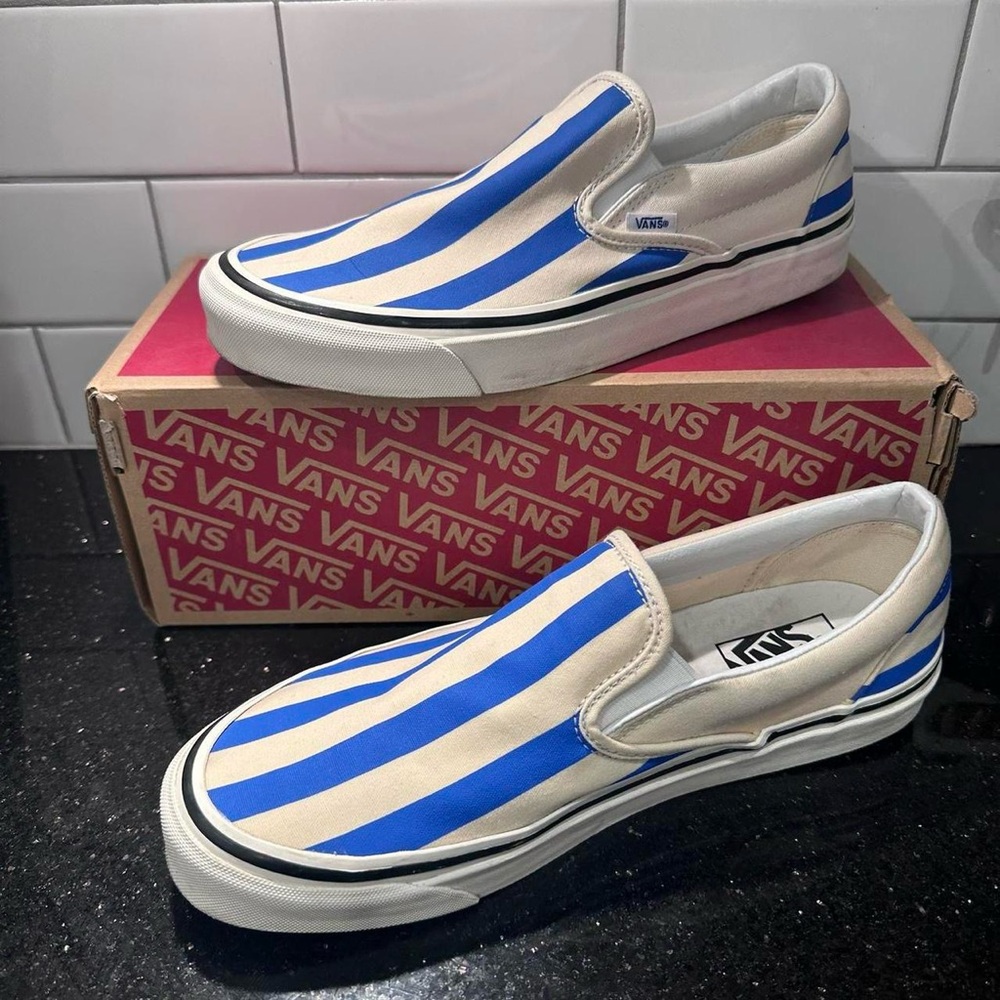 Vans Cream and Blue Striped Slip-On Shoes